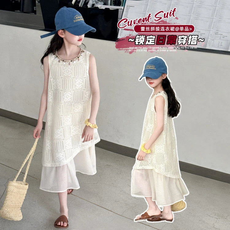 新款拼接纯色女童休闲风女连衣裙宝宝吊带蕾丝拼接穿搭无袖夏季