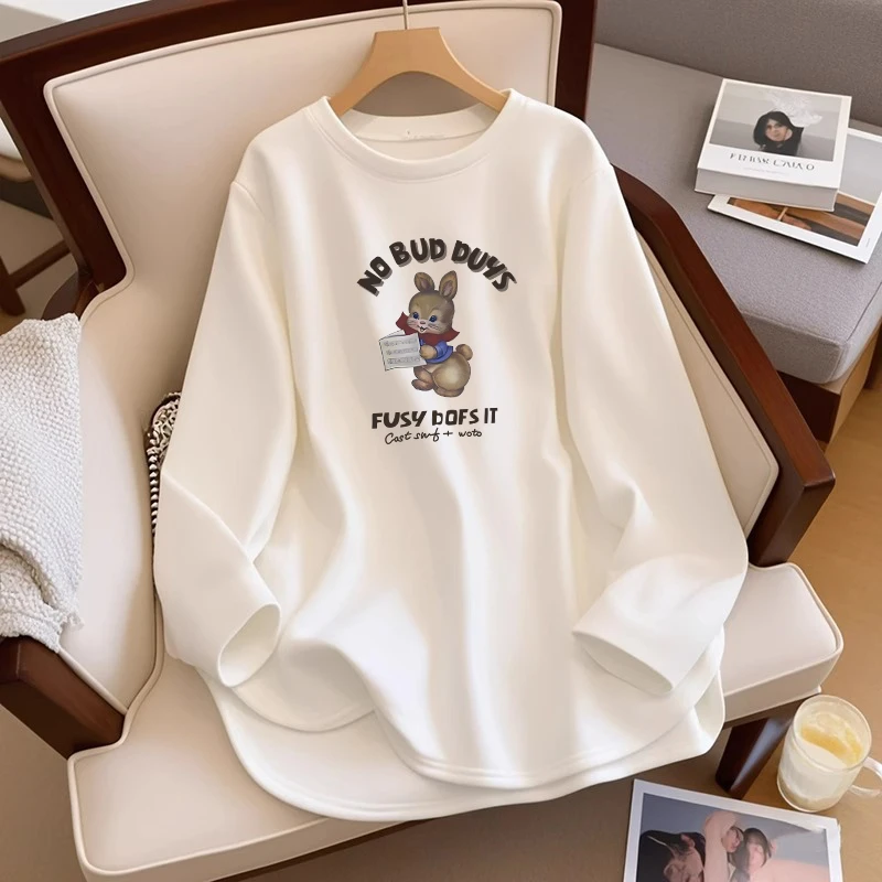 白色2025新款打底衫女秋冬加绒加厚中长宽松外穿洋气内搭长袖t恤