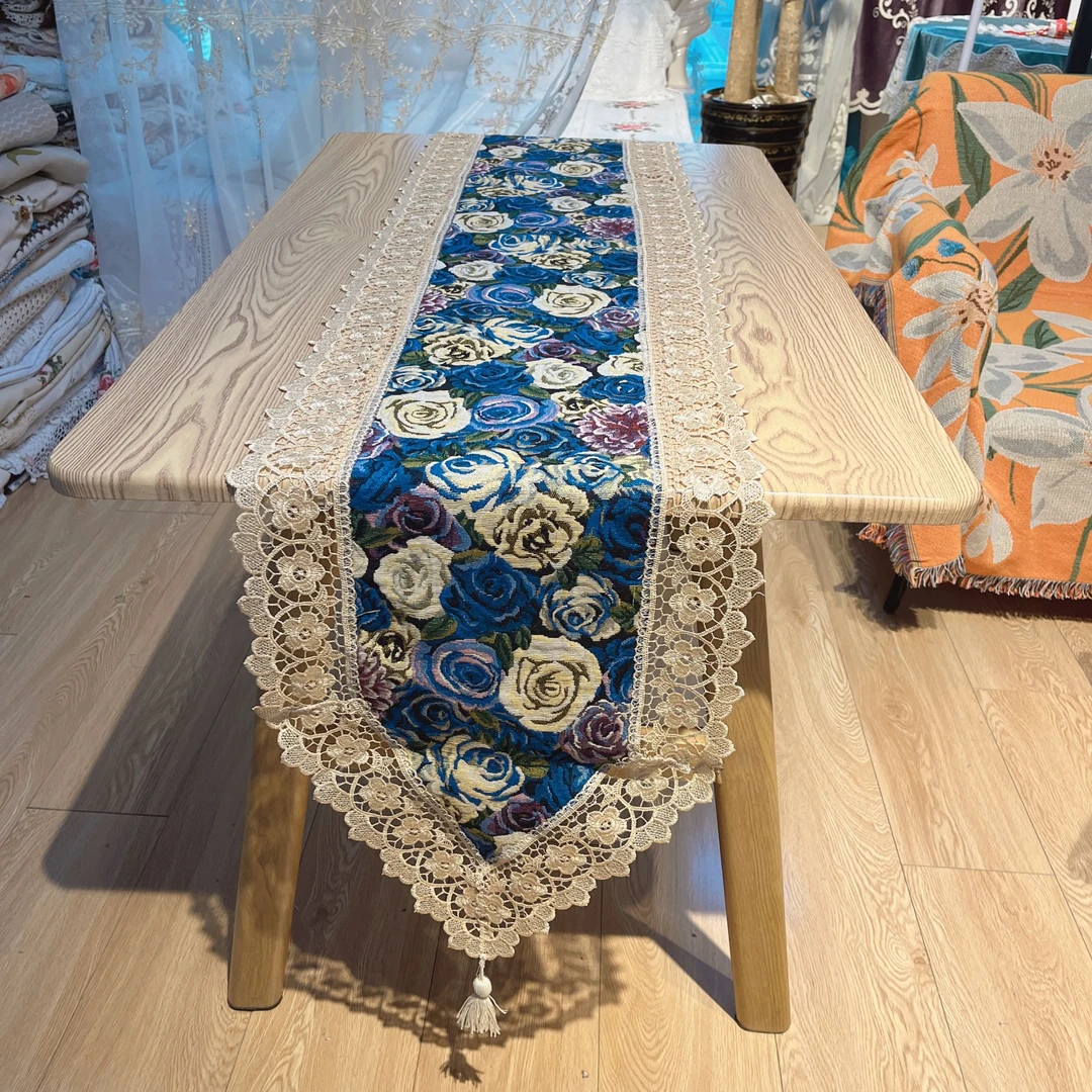 DY247-7-3棉麻（40*220cm）蓝色玫瑰花蕾丝花边盖巾桌布欧式台布