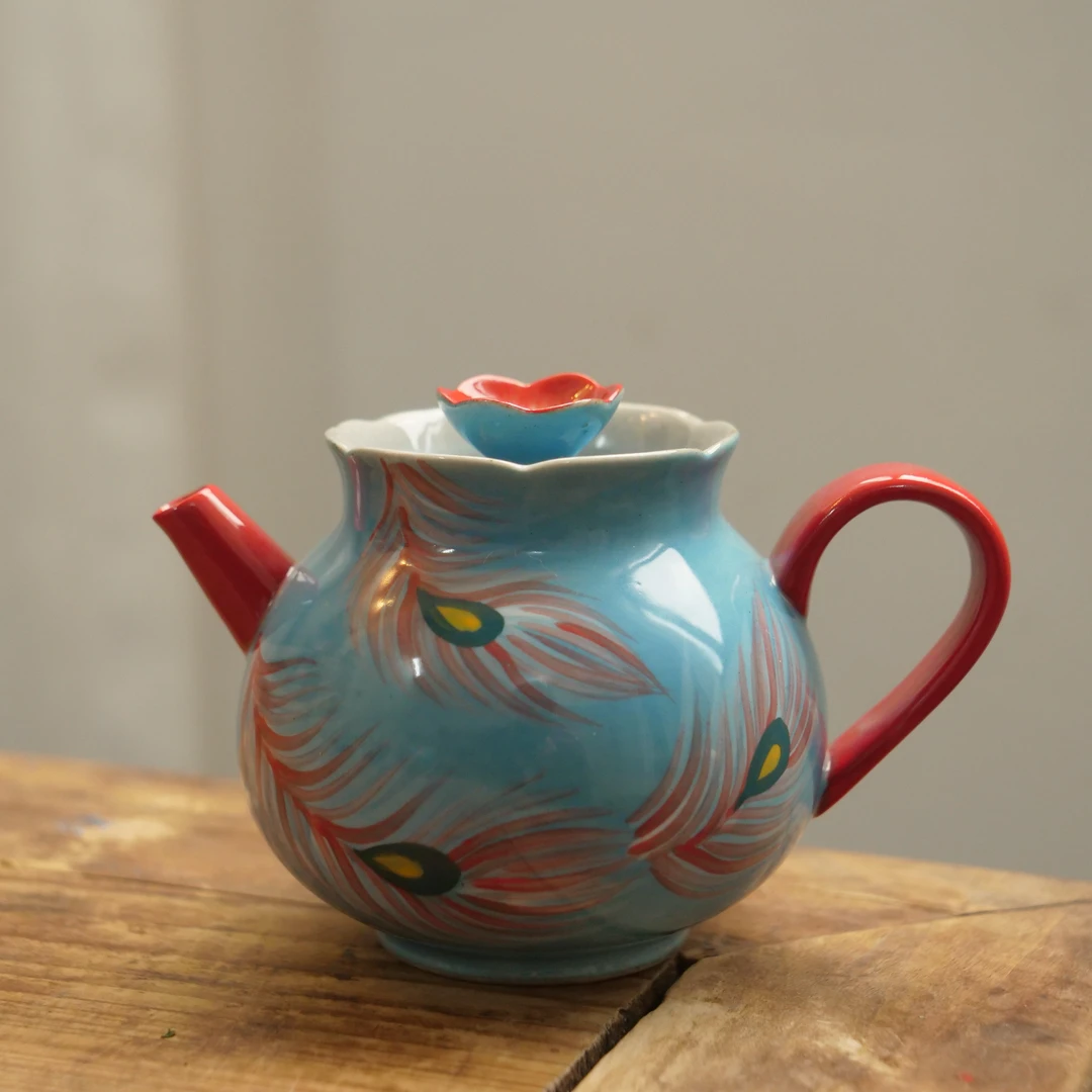 四海【蓝翎羽毛壶】纯手绘釉下彩中式茶道器具茶壶高端泡茶器140ml