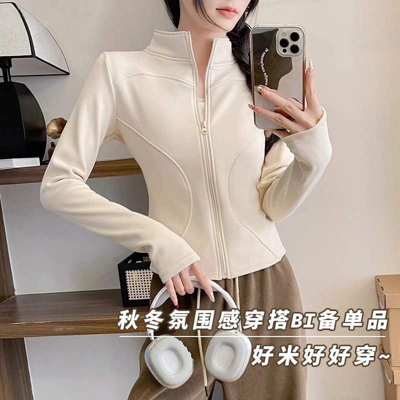 lulu冬季加绒瑜伽上衣修身抓绒内胆卫衣保暖健身内搭外套舒适运动