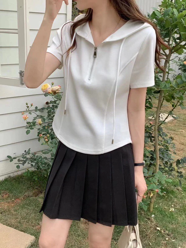 连帽套头T恤显瘦白色短款夏季