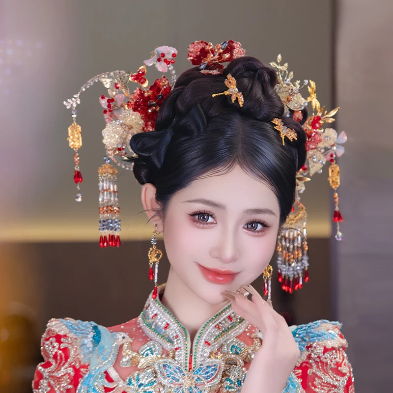 合金婚庆饰品 金红撞色减龄秀禾新娘结婚头饰精致龙凤褂发饰D0470