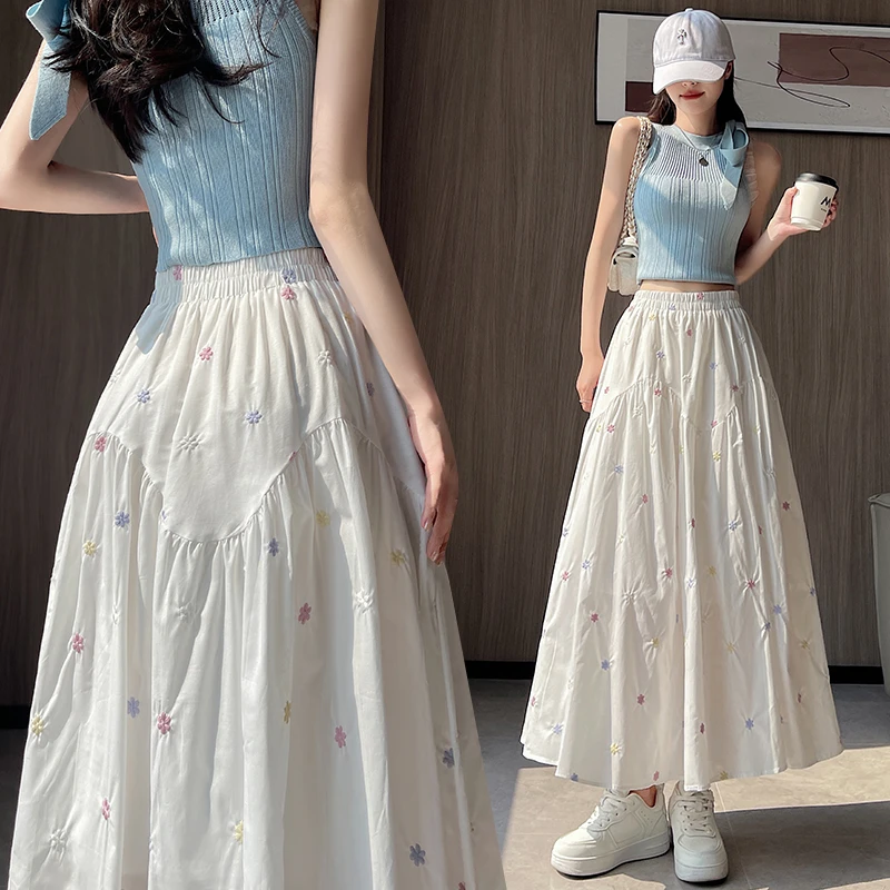 显瘦碎花白色女夏季小个子a字百褶中白色裙子网纱裙半身裙A字打底