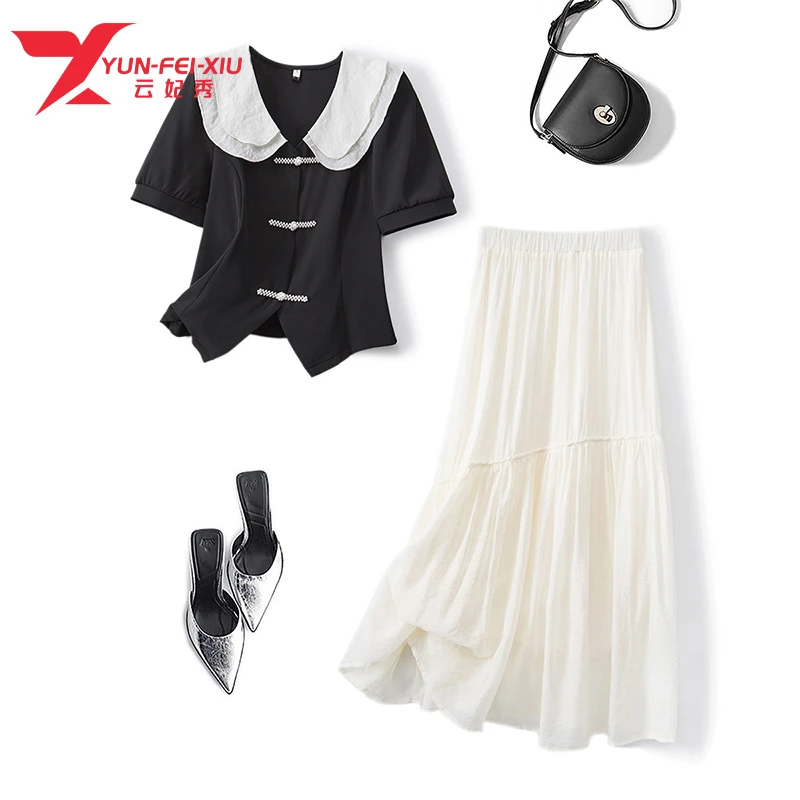 云妃秀大码女装套装百搭新中式国风上衣半身裙二件套夏季63083AB