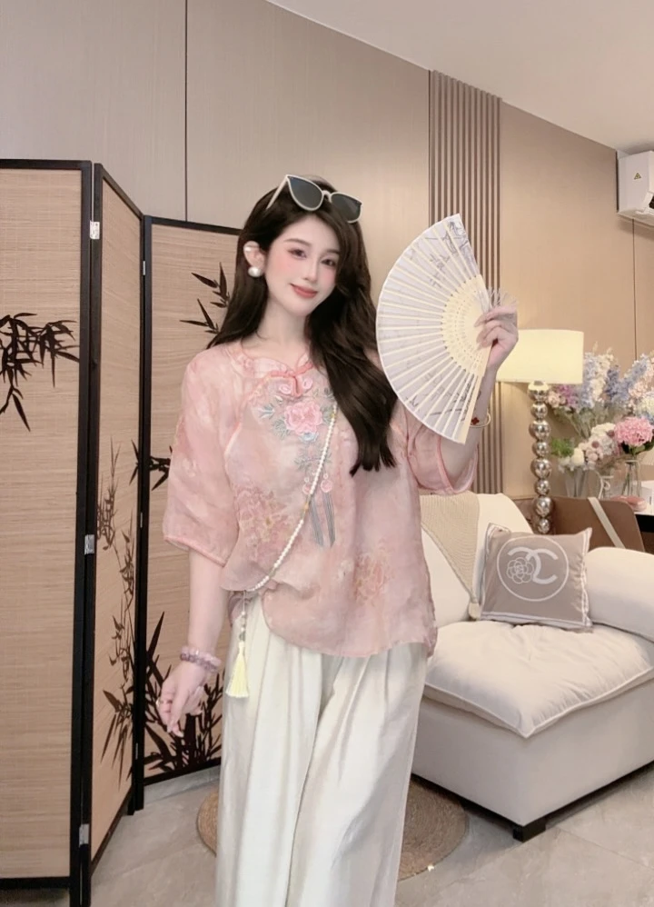 2025新款新款中式国风复古立领盘扣宽松T恤文艺刺绣上衣小衫