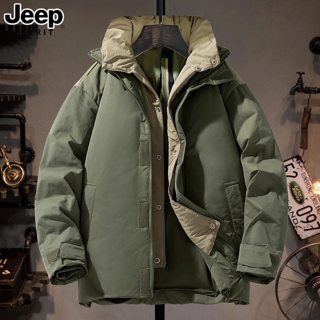JEEPSPIRIT吉普25新款美式重磅休闲保暖夹克青年连帽工装羽绒服