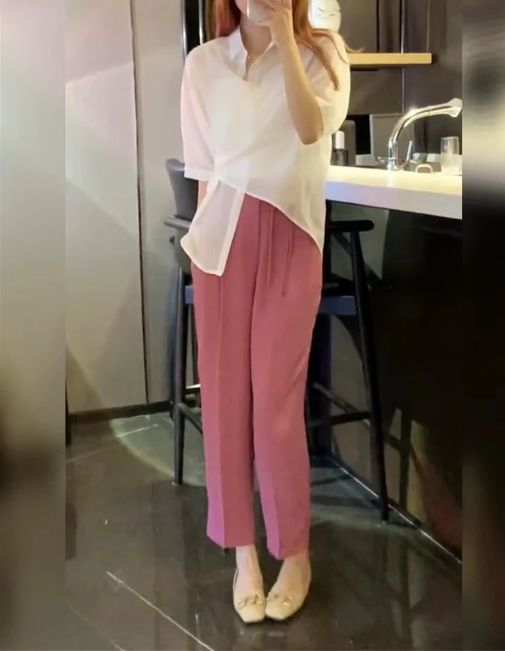 124【两件套】韩版高级感不规则短袖防晒衬衫+西装裤套装（J022）