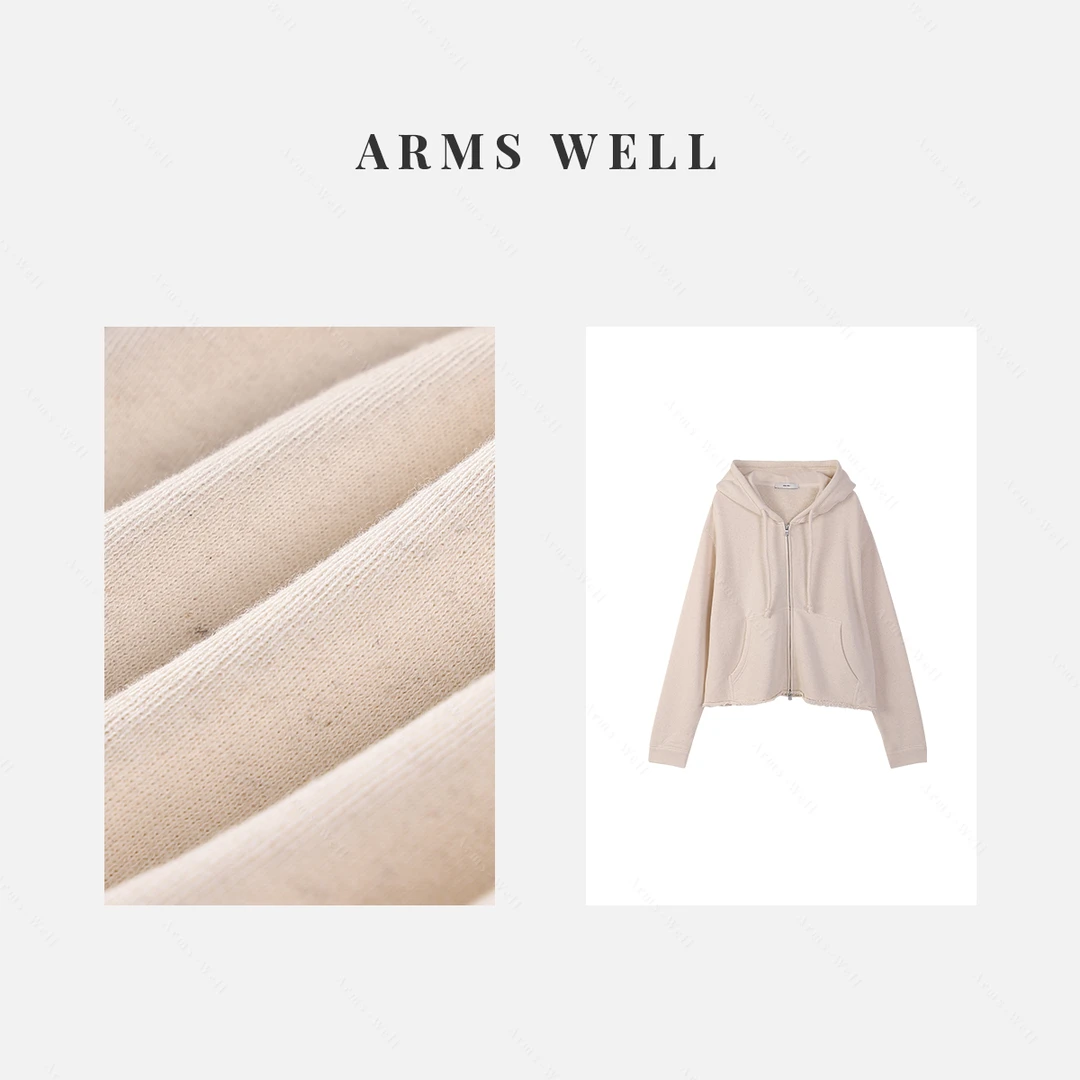 ARMS WELL王囡囡 杏色棉麻连帽抽绳拉链卫衣外套 S56