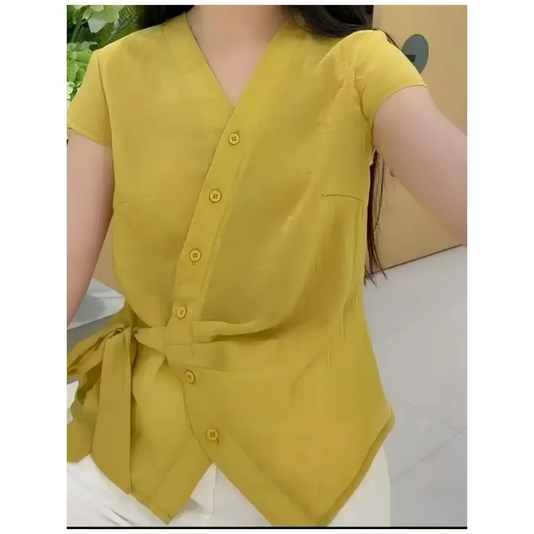 【绑带在左边】2025夏季新款气质V领短袖T恤女小衫系带设计感显瘦潮