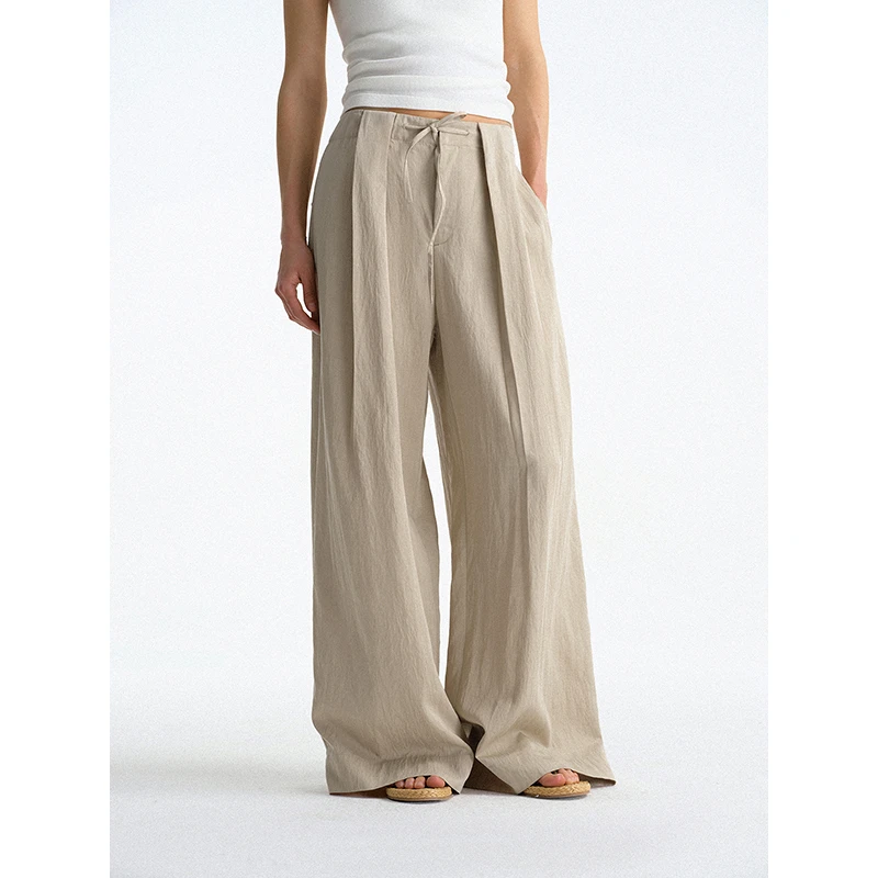 FLOWERSAYS：韭莲无畏 慵懒风垂坠感工字褶抽绳阔腿裤休闲裤