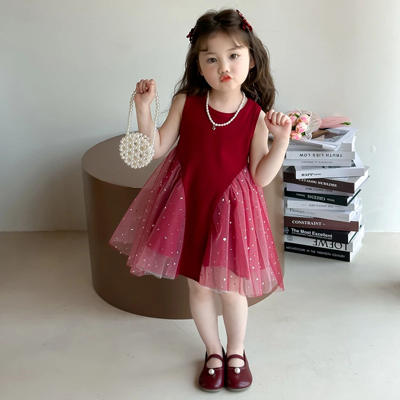 女童洋气红色背心连衣裙时髦生日裙夏季纱裙女宝宝公主裙2025新款