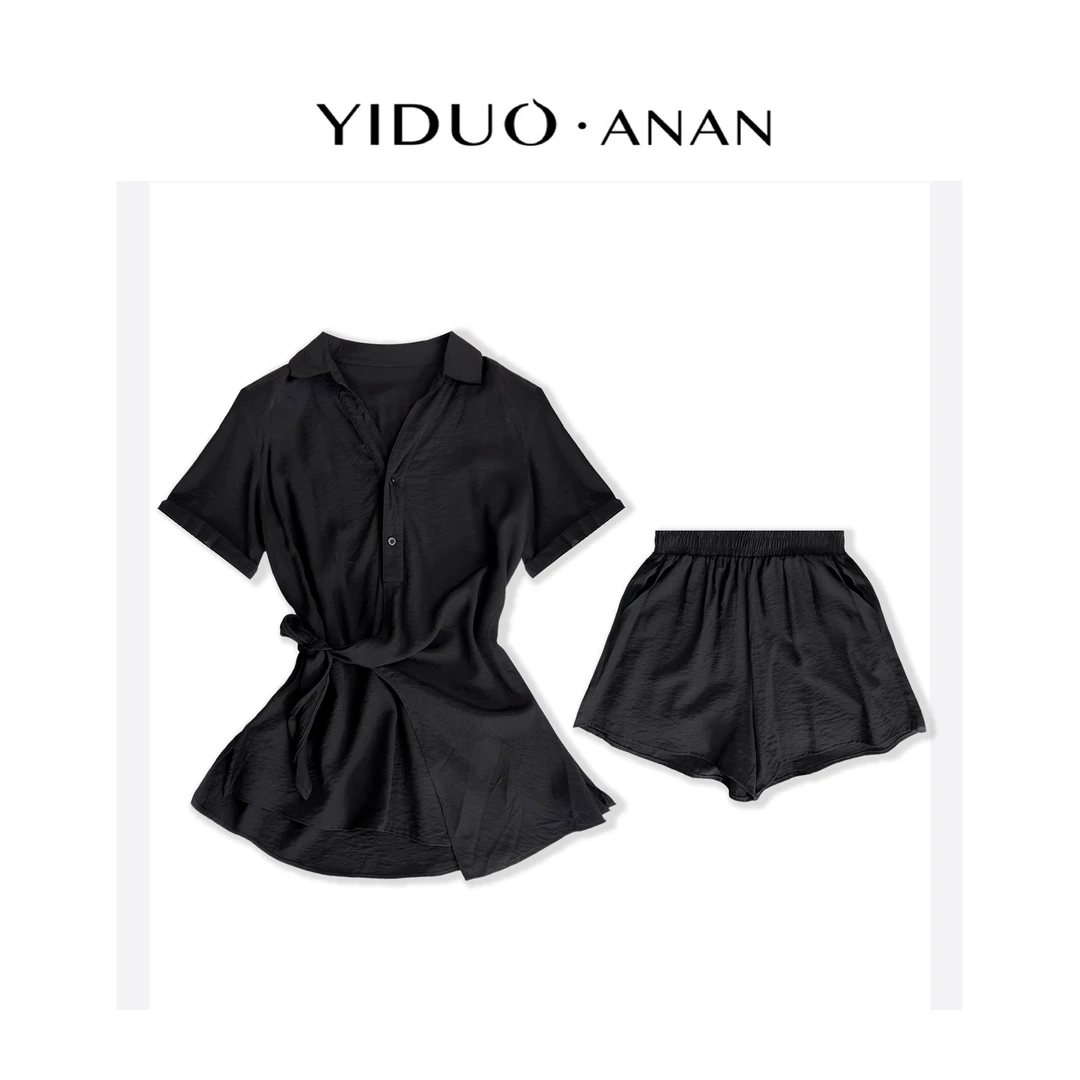 Yi·Duo 大码慵懒风设计感绑带收腰衬衫＋短裤（套装）