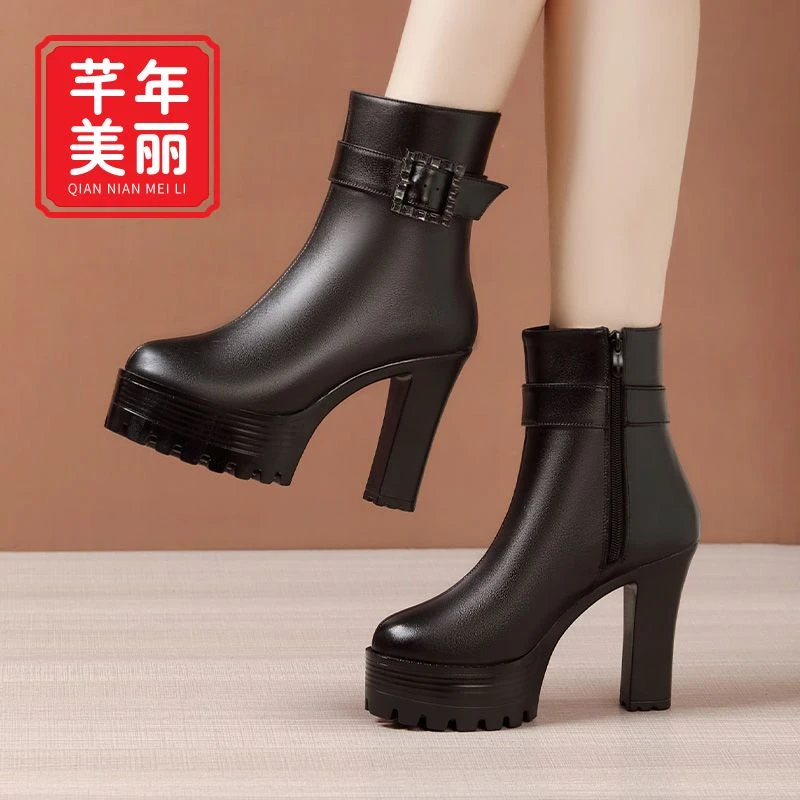 真皮高跟马丁靴女2022秋冬新款防水台加绒中筒靴大码粗跟春秋单靴