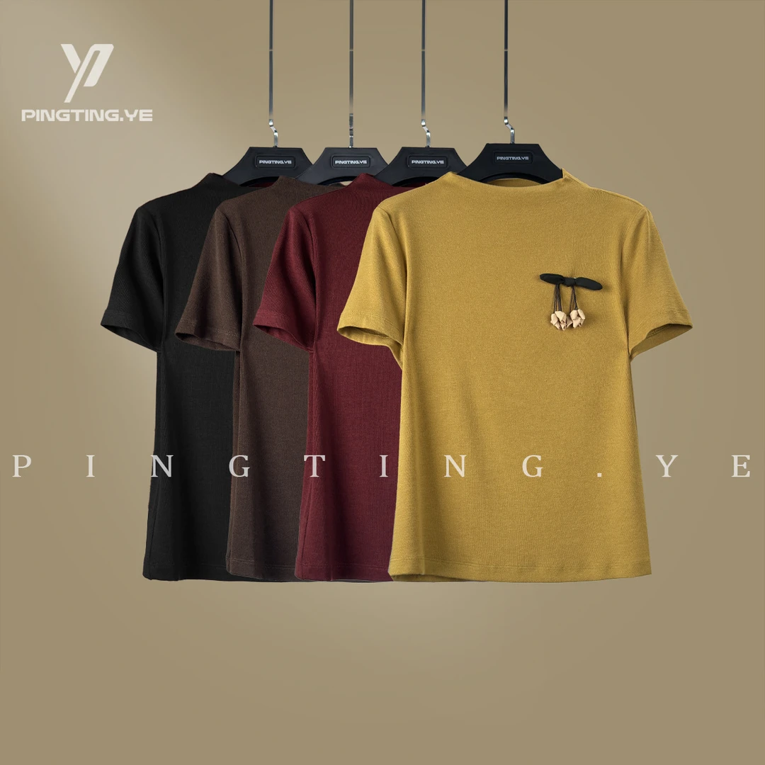 PINGTING.YE【天丝羊毛】纯色简约手工炮竹设计短袖上衣PT7000