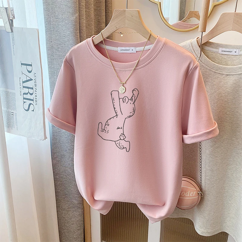 粉色正肩磨毛加厚印花短袖t恤女春秋季新款港风常规款半袖上衣T恤