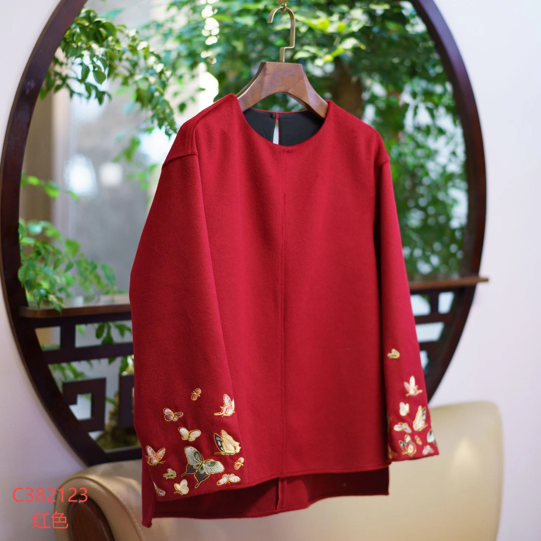 【锦系】羊毛新中式国风桑蚕丝圆领长袖上衣C-382123