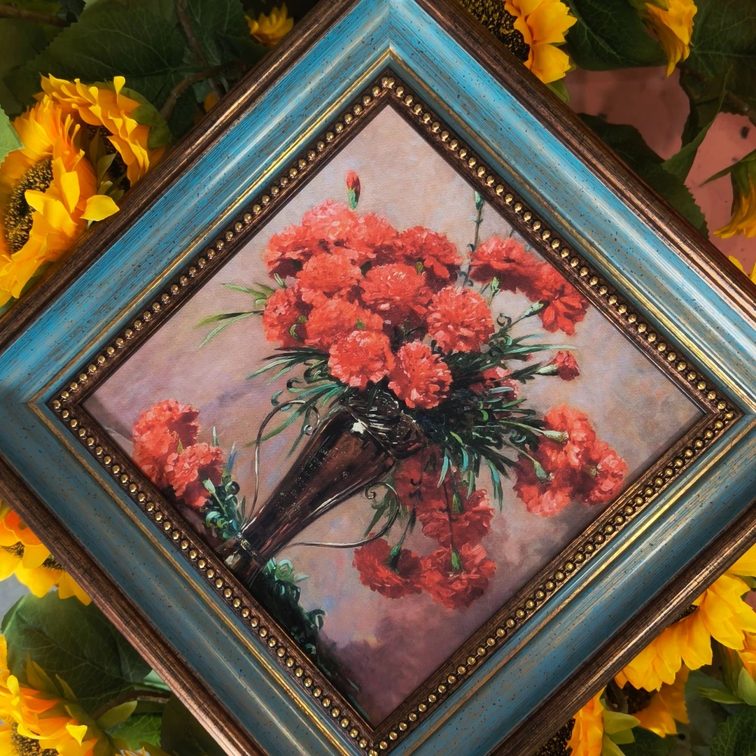 法蓝色大油画摆件欧式复古实木树脂数字精美油画相框桌上摆件