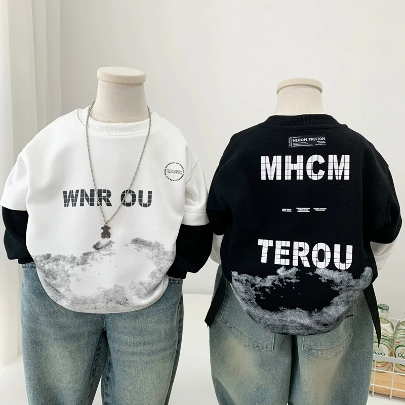 男童秋装卫衣2025新款韩版儿童帅气休闲假两件圆领套头上衣潮童装