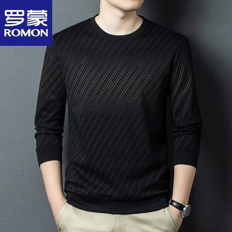 罗蒙秋季男士长袖T恤圆领潮流碎花大码时尚条纹宽松休闲卫衣男装