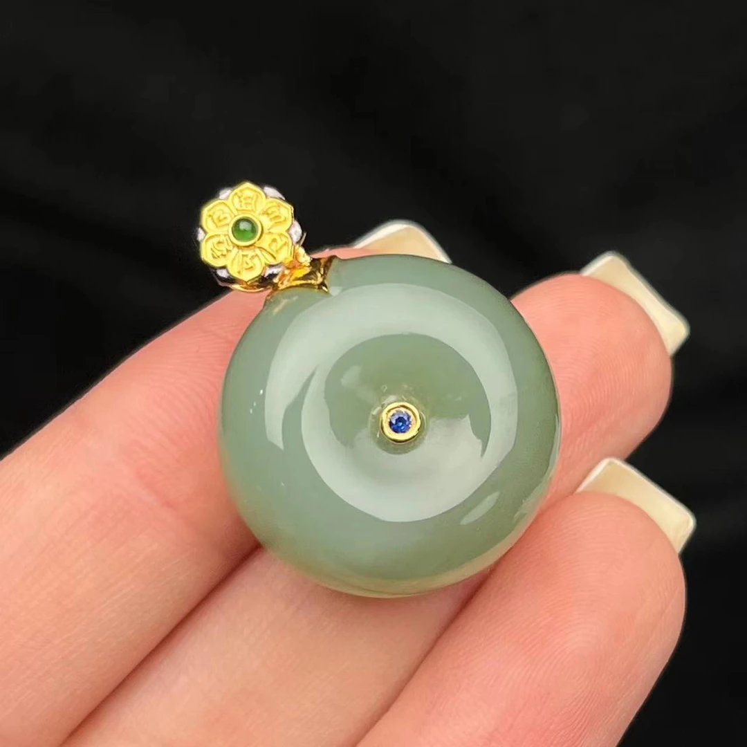 【鹿鸣臻品】 18K金和田玉粉青猫眼平安扣吊坠 不含链LM09 *3009*