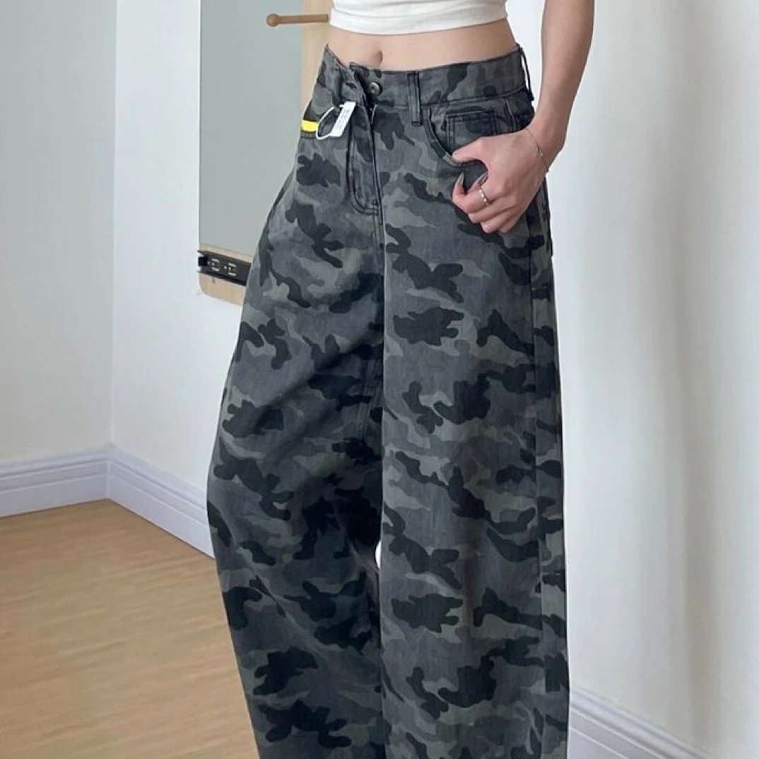 女款美式迷彩工装高腰宽松阔腿牛仔裤显瘦显高秋季长裤