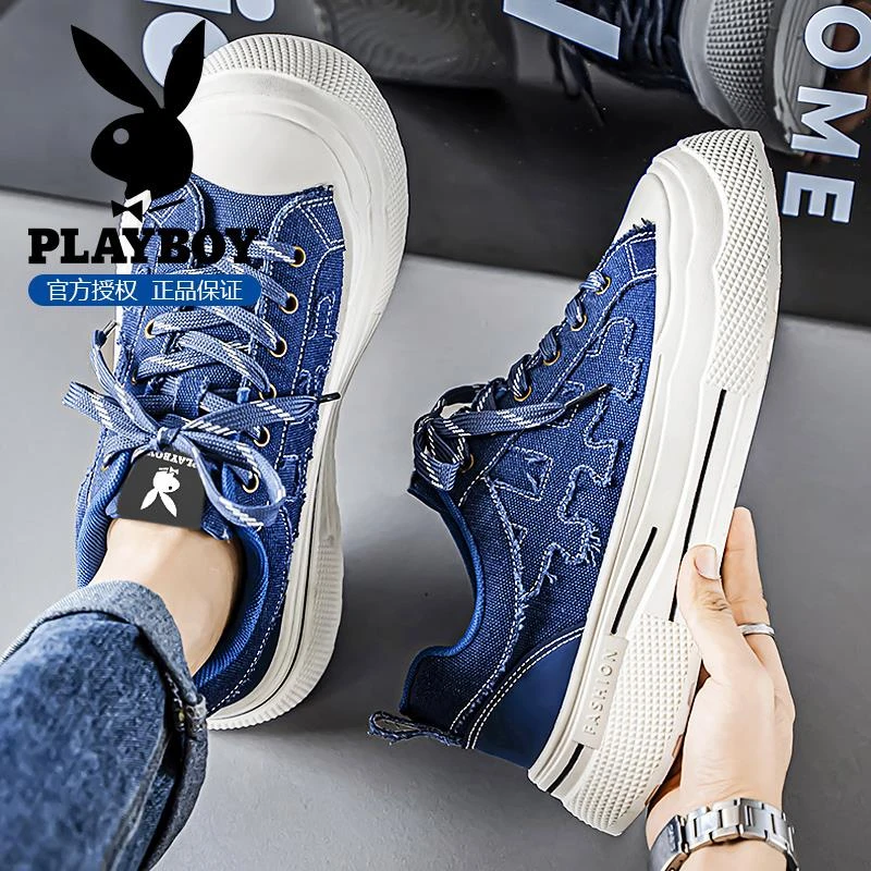 花花公子鞋子男鞋冬季青少年牛仔布运动休闲鞋男厚底增高帆布板鞋