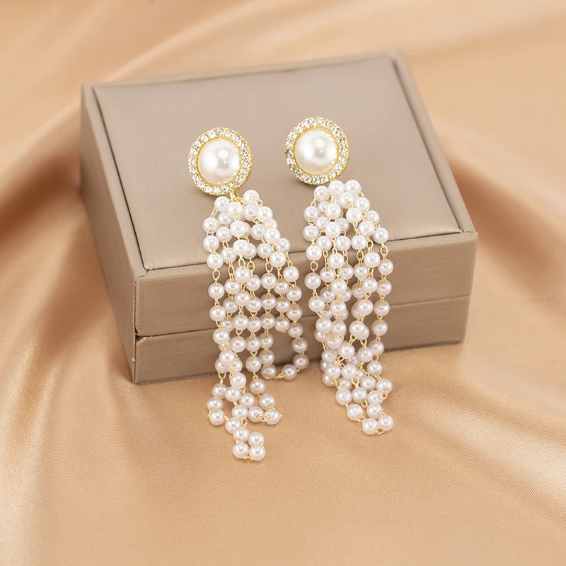 长款优雅名媛贝珠流苏耳环时尚百搭轻奢高级气质蚊香盘耳夹无耳洞