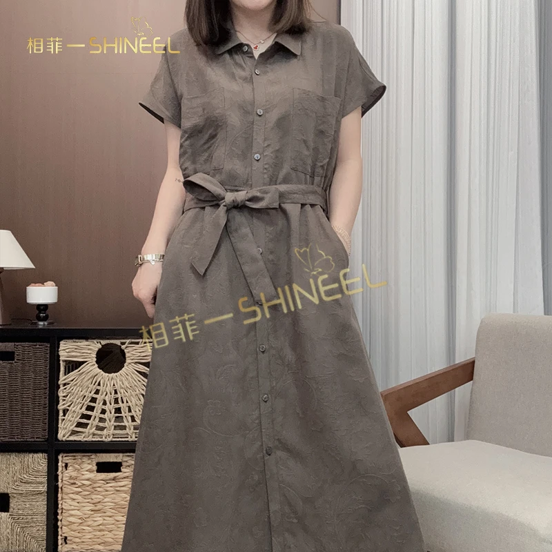 IXIAN女装-天丝亚麻夏季时尚薄款显瘦休闲气质衬衫领提花连衣裙