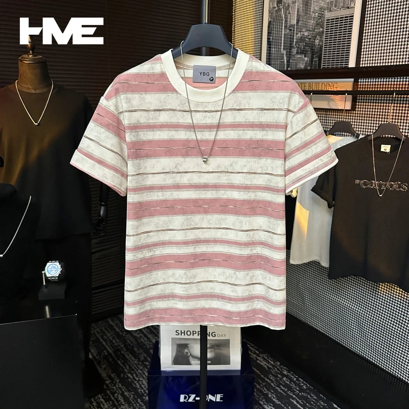 夏季重磅潮流撞色条纹扎染设计简约冰感棉圆领短袖T恤男