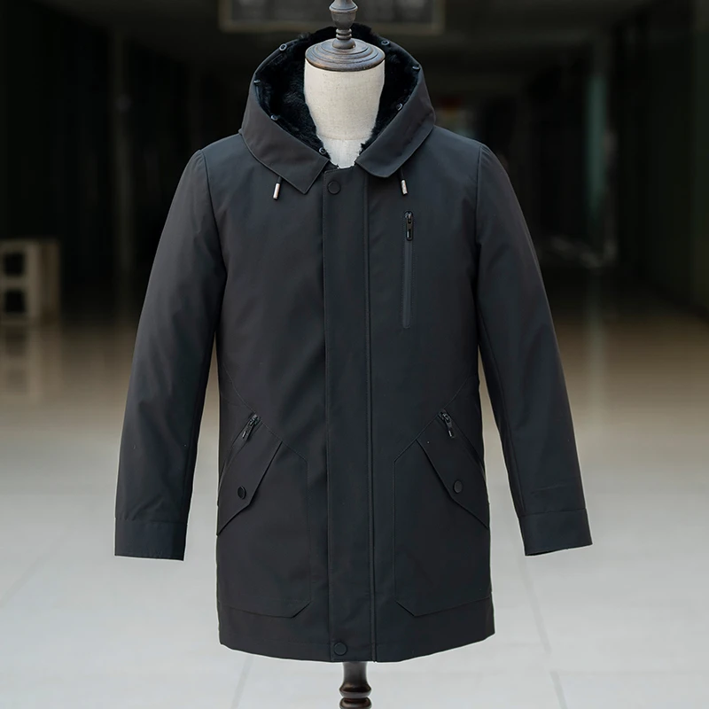 冬季厚外套兔毛内胆中长款派克服男连帽保暖大衣冬季厚可拆卸内胆