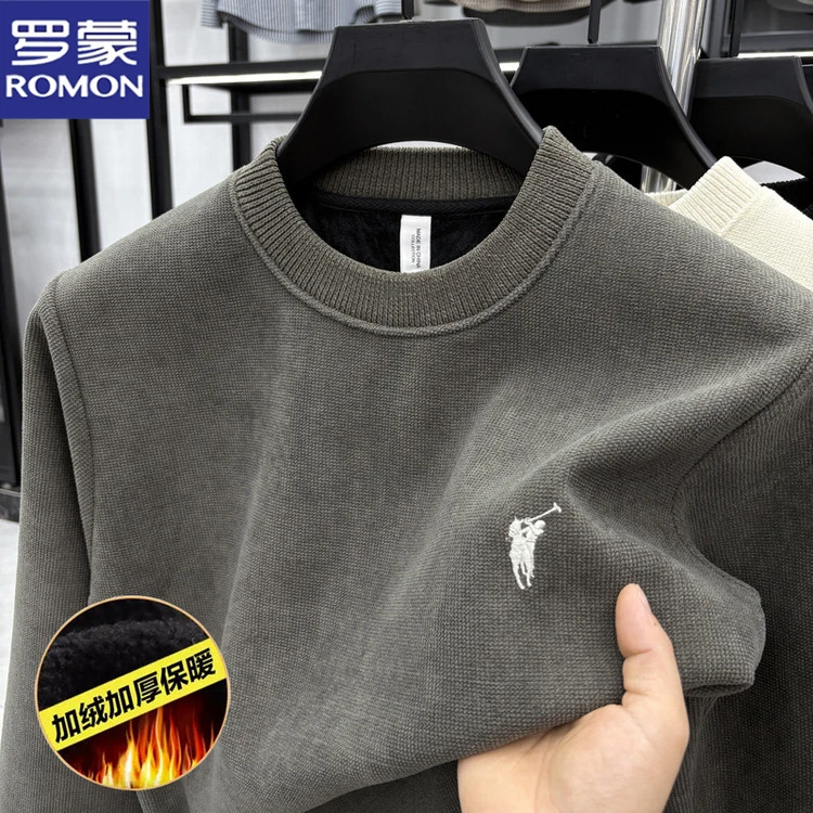 罗蒙秋冬季新款长袖打底针织衫加绒毛衣男士商务休闲潮流男装上衣