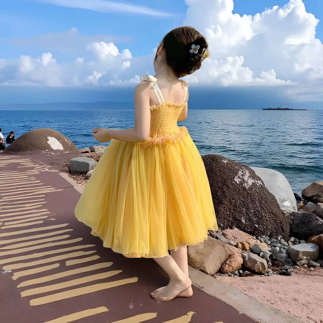 韩版女童2025夏季新款黄色打揽花边网纱吊带裙小女孩蓬蓬公主裙子
