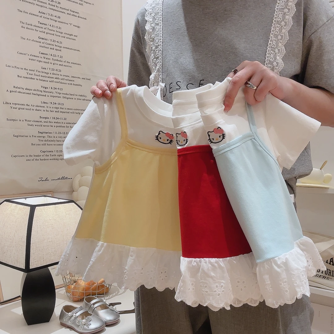 女童夏季甜美假两件刺绣KT猫短袖纯棉T恤洋气公主风