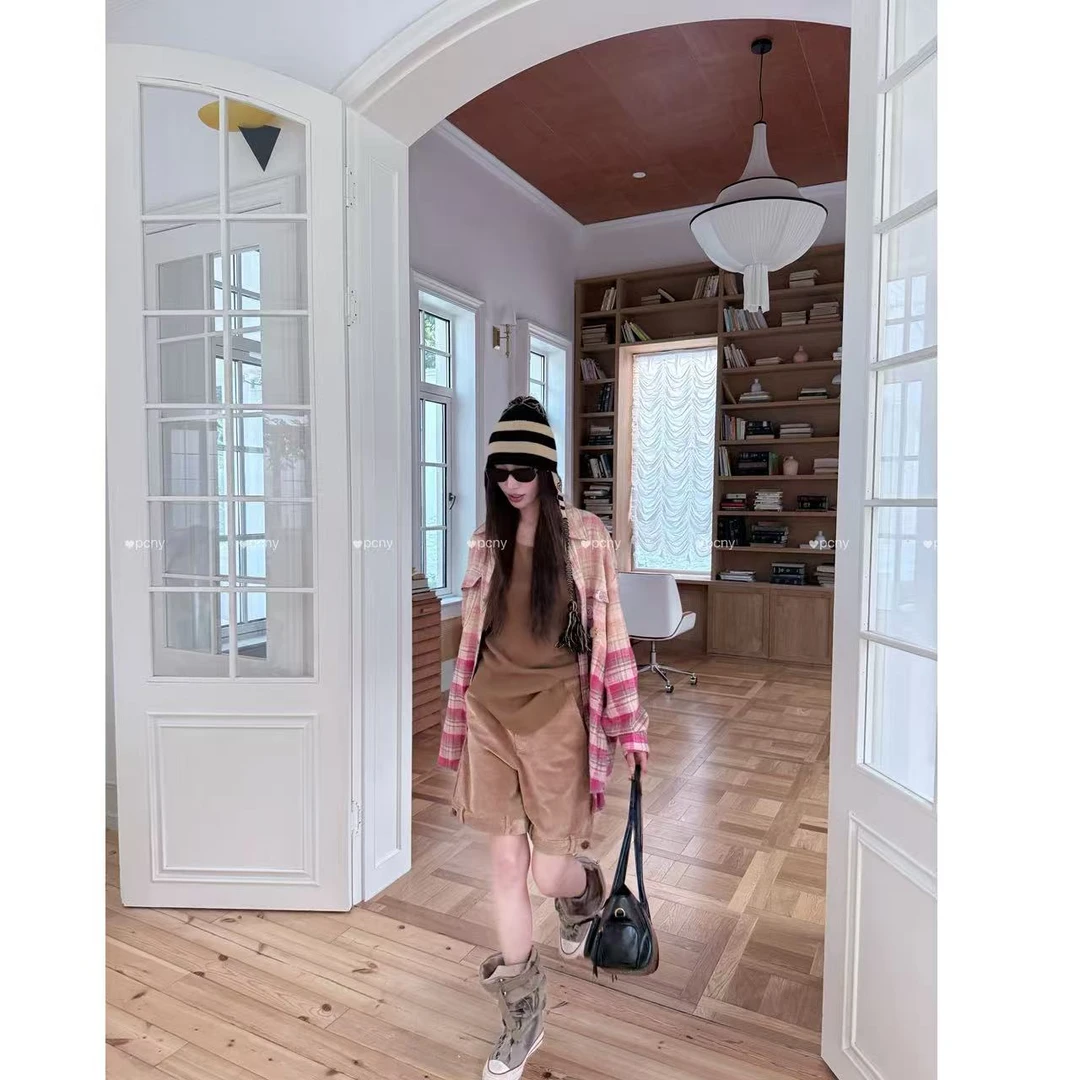 PCNY「彩虹战队」不理理冬季新款小众女装美式嘻哈粉色渐变格纹衬衫