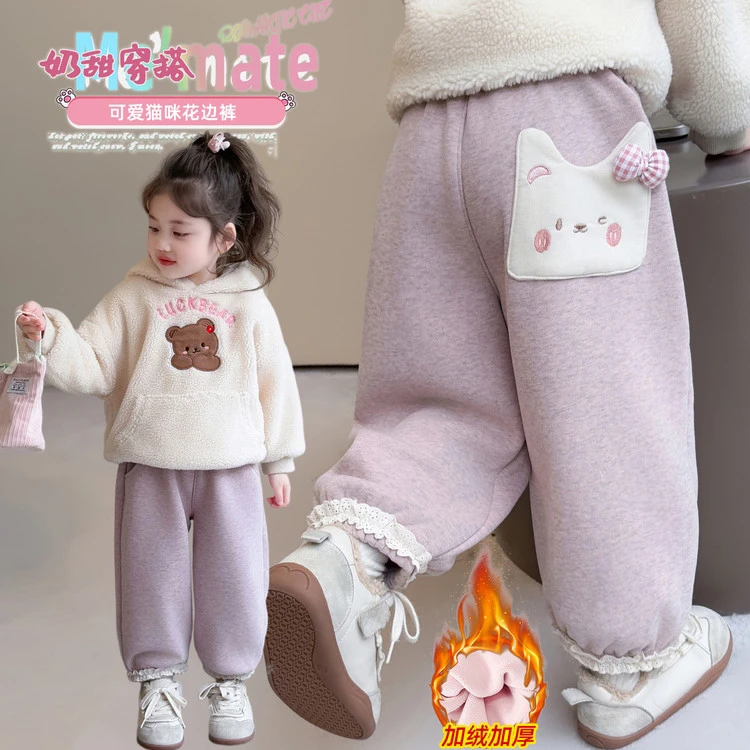 【羊驼绒过冬】女童兔子绣花加绒裤子冬季新款洋气女宝宝保暖休闲裤