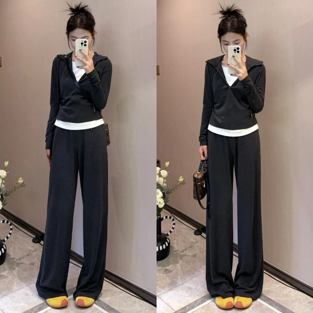韩版休闲时尚运动套装女2025春秋新款假两件连帽卫衣阔腿裤两件套