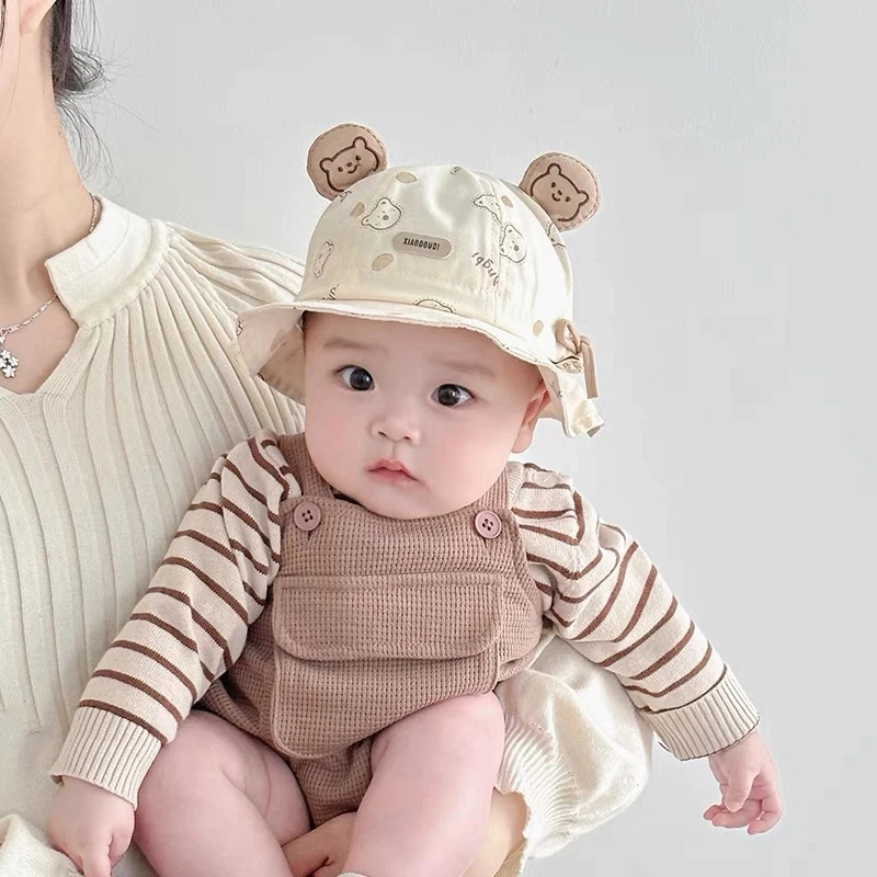 婴儿帽子春秋渔夫帽男童薄款遮阳帽夏季宝宝防晒圆顶盆帽可爱小熊