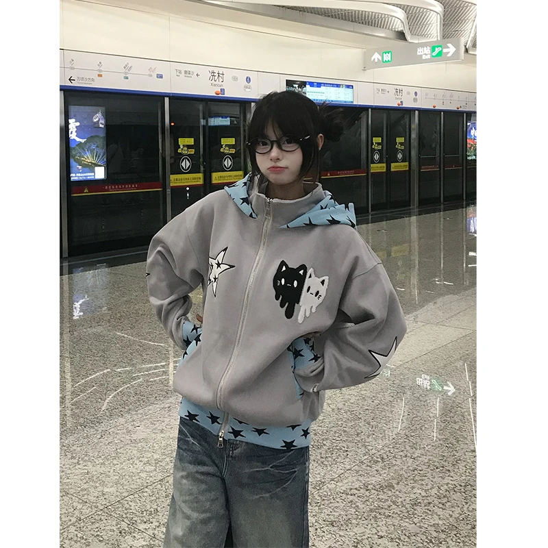 美式潮牌星星猫咪刺绣连帽卫衣男女秋冬季宽松小众设计感拉链外套