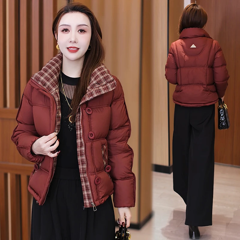 格纹拼接保暖加厚棉服女2025冬季新款设计感显瘦减龄短款立领外套