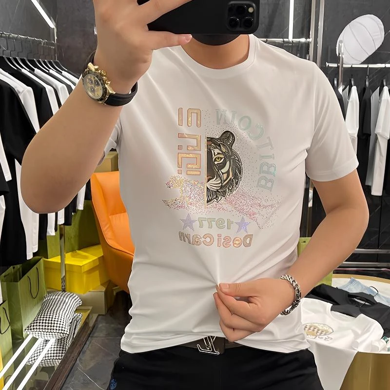 埃卢涅芬男T恤欧货高端轻奢丝光棉短袖虎头重工圆领个性时尚半袖