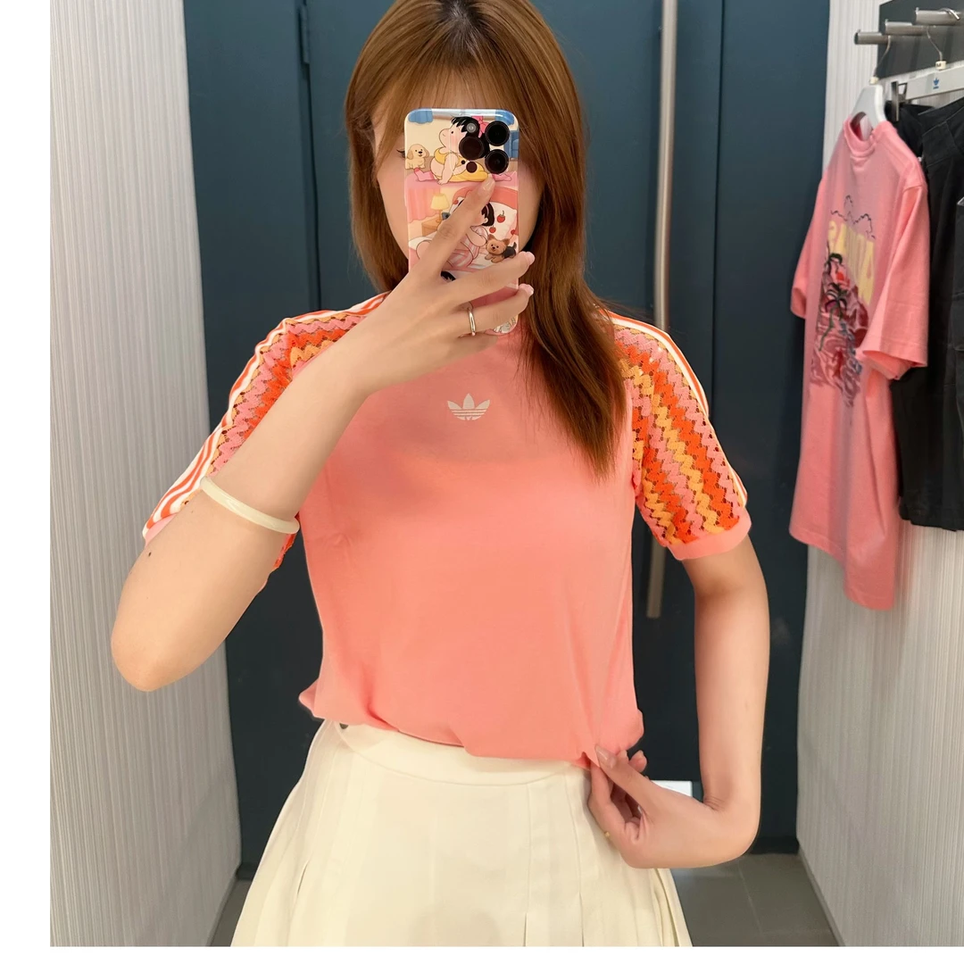 adidas/阿迪达斯新款三叶草橘色时尚百搭镂空拼接短袖T恤KC0769