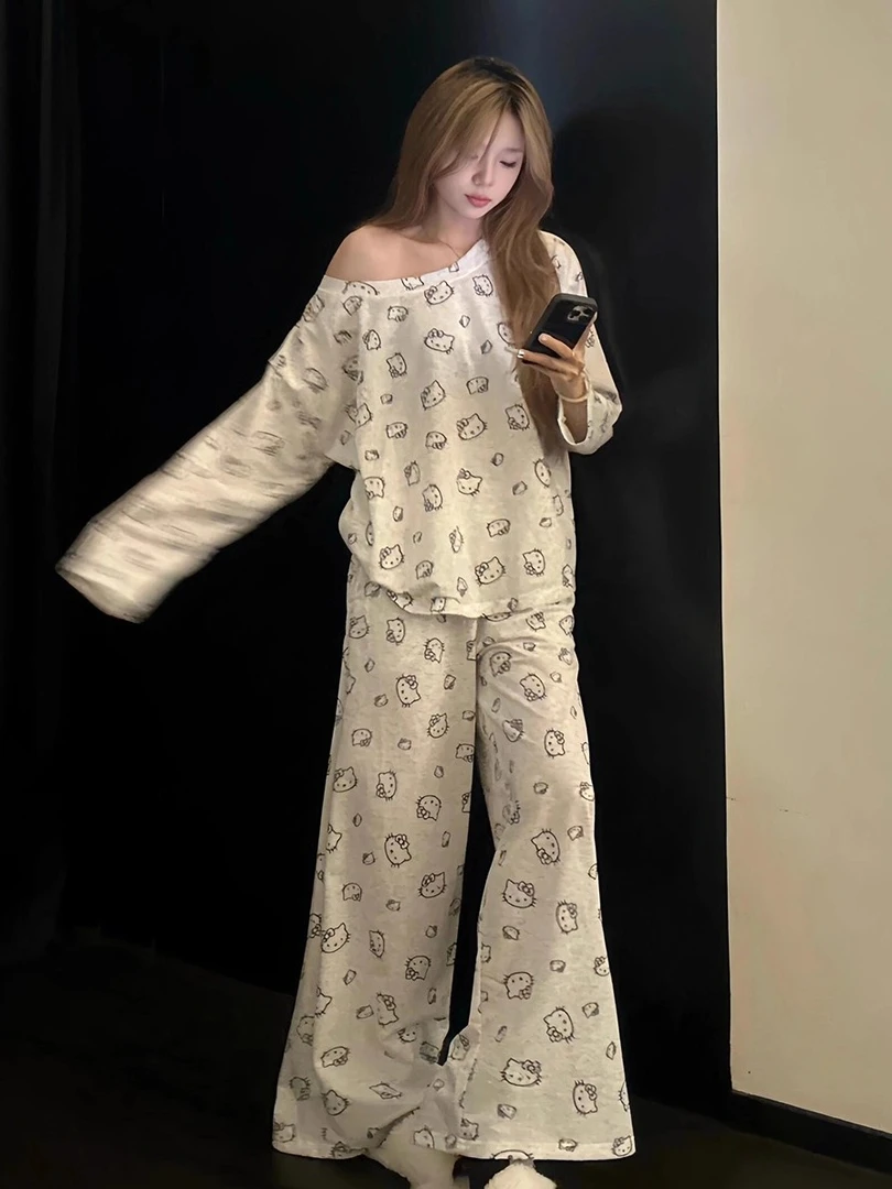 韩系可爱kitty猫印花睡衣女早秋新款长袖长裤家居服两件套可外穿