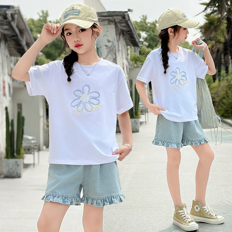 女童2025夏季新款套装韩系宽松花朵短袖T恤木耳边牛仔短裤两件套