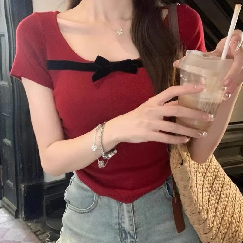 【青苍】正肩蝴蝶结冰丝针织短袖T恤CCC11145