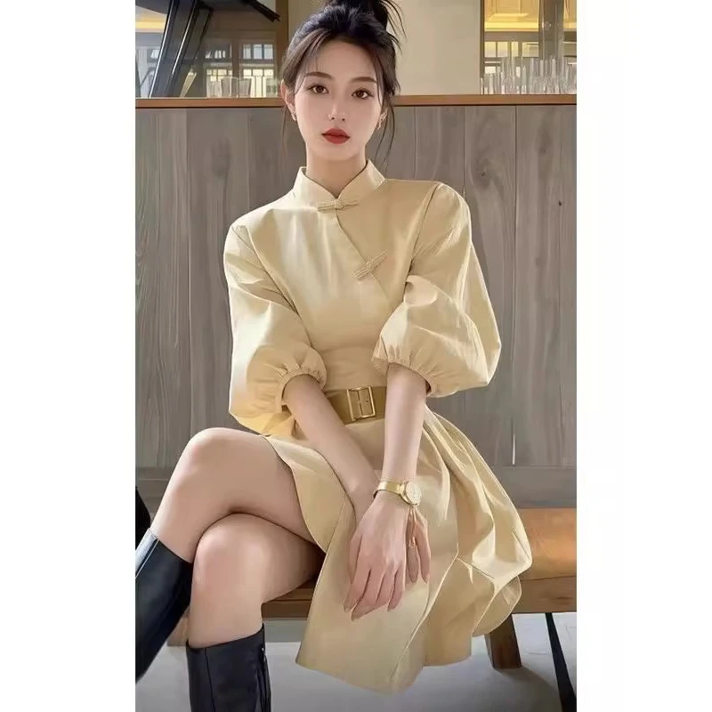 新中式国风帝政风漂亮独特小个子黄色盘扣衬衫连衣裙子女2025春季