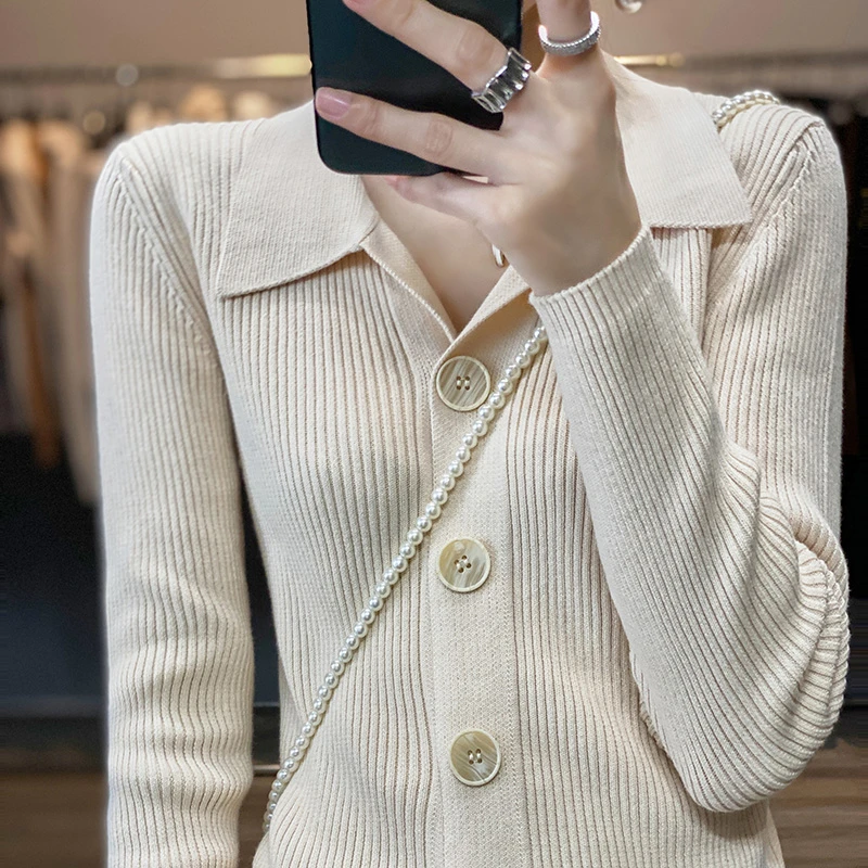 纯棉新疆棉 七针五股加厚女士V领春秋款长袖针织衫抽条开衫翻领