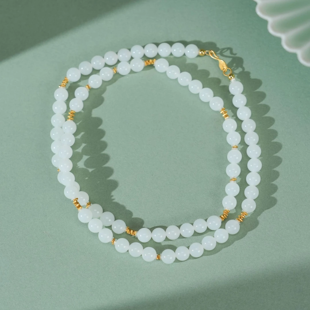 和田玉珠链-18K金-约卡6mm-GG1311-BK|BHT7