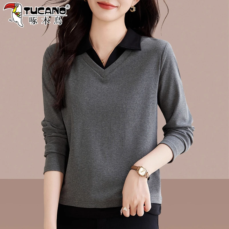 啄木鸟翻领卫衣女款2025新款春秋正肩打底衫洋气妈妈假两件上衣