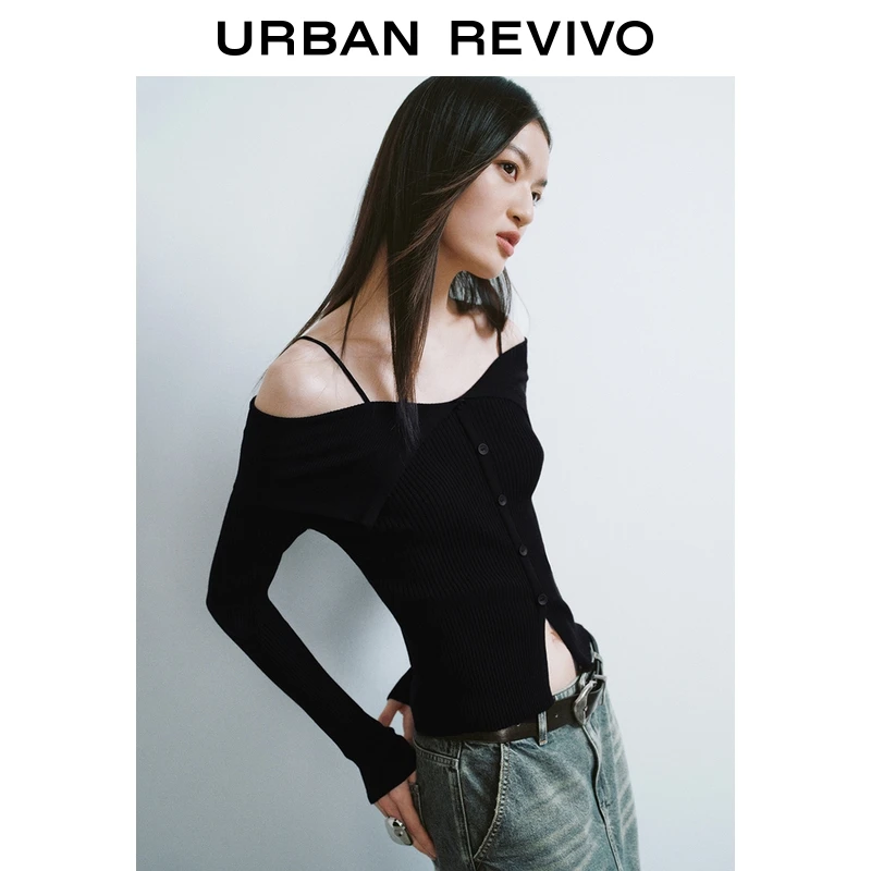 UR2026春季新款女设计感翻领一字修身针织衫UWJ950048+